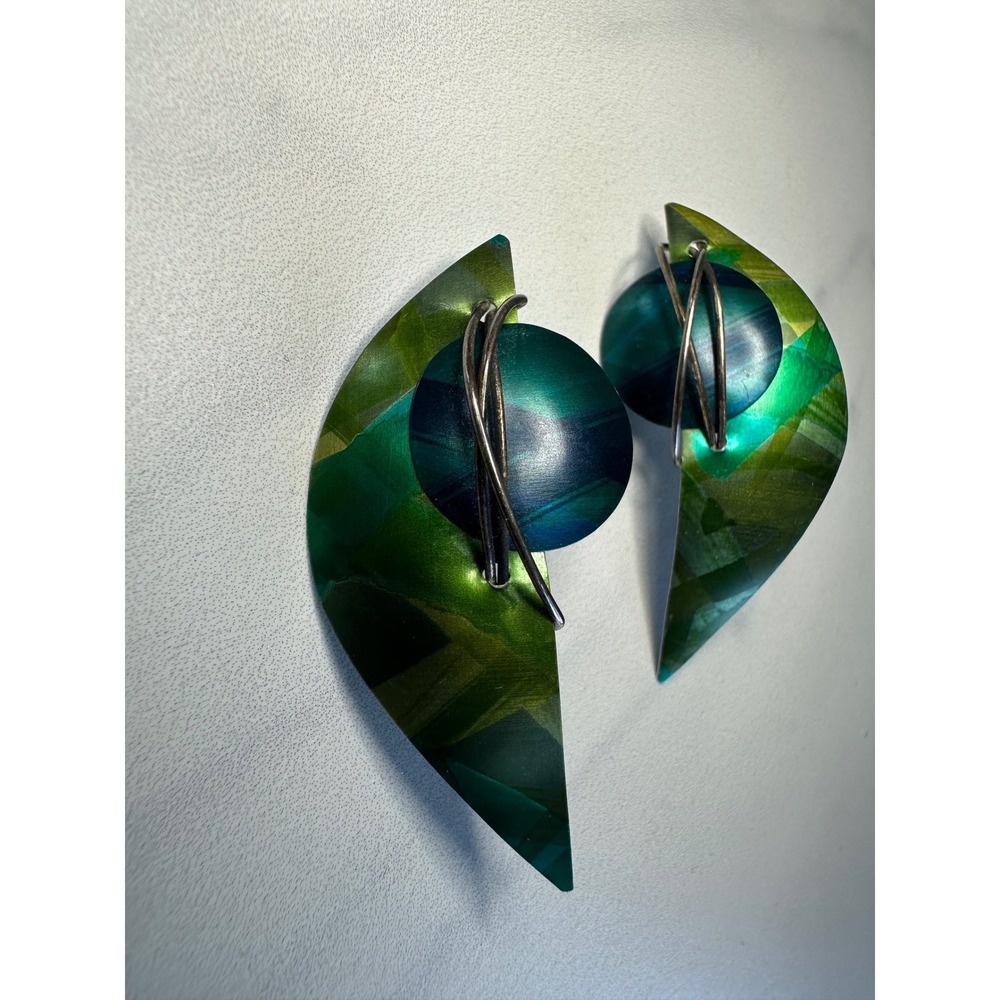 Vintage Modernist Anodized Aluminum Geometric Drop Earrings Green Teal Blue